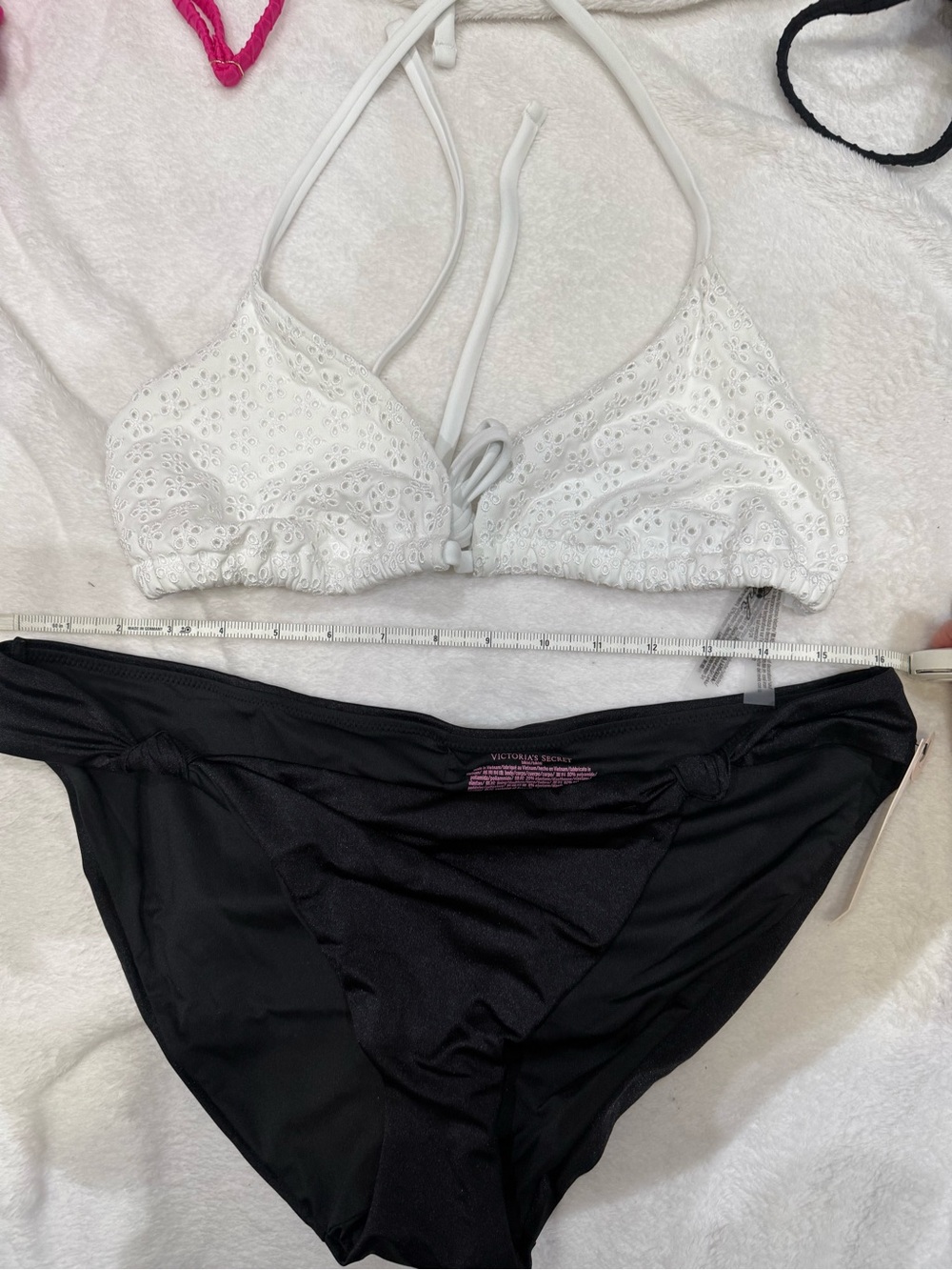 Victoria’s Secret White Eyelet Halter Bikini Top with Black Bottoms XL